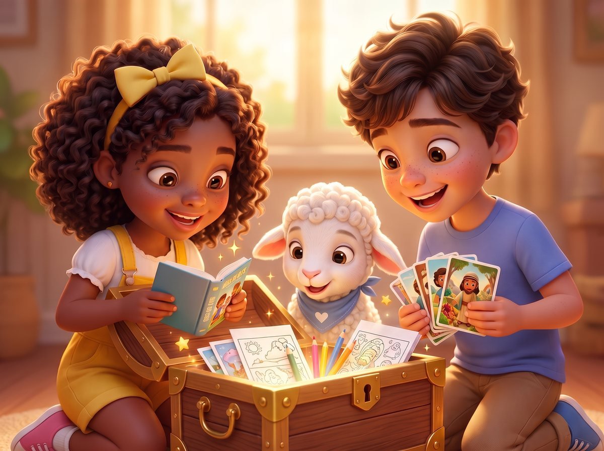 Mia, Eli and Lumi the little lamb opening a chest full of Bible materials