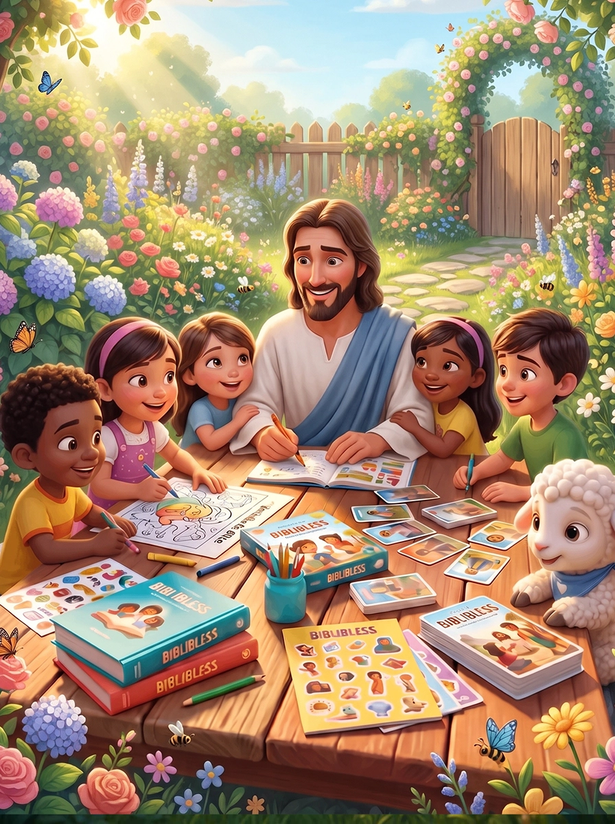 Jesus surrounded by happy children, 3D illustration