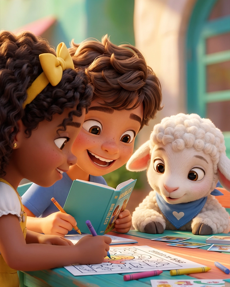 Family reading the Bible together, 3D illustration